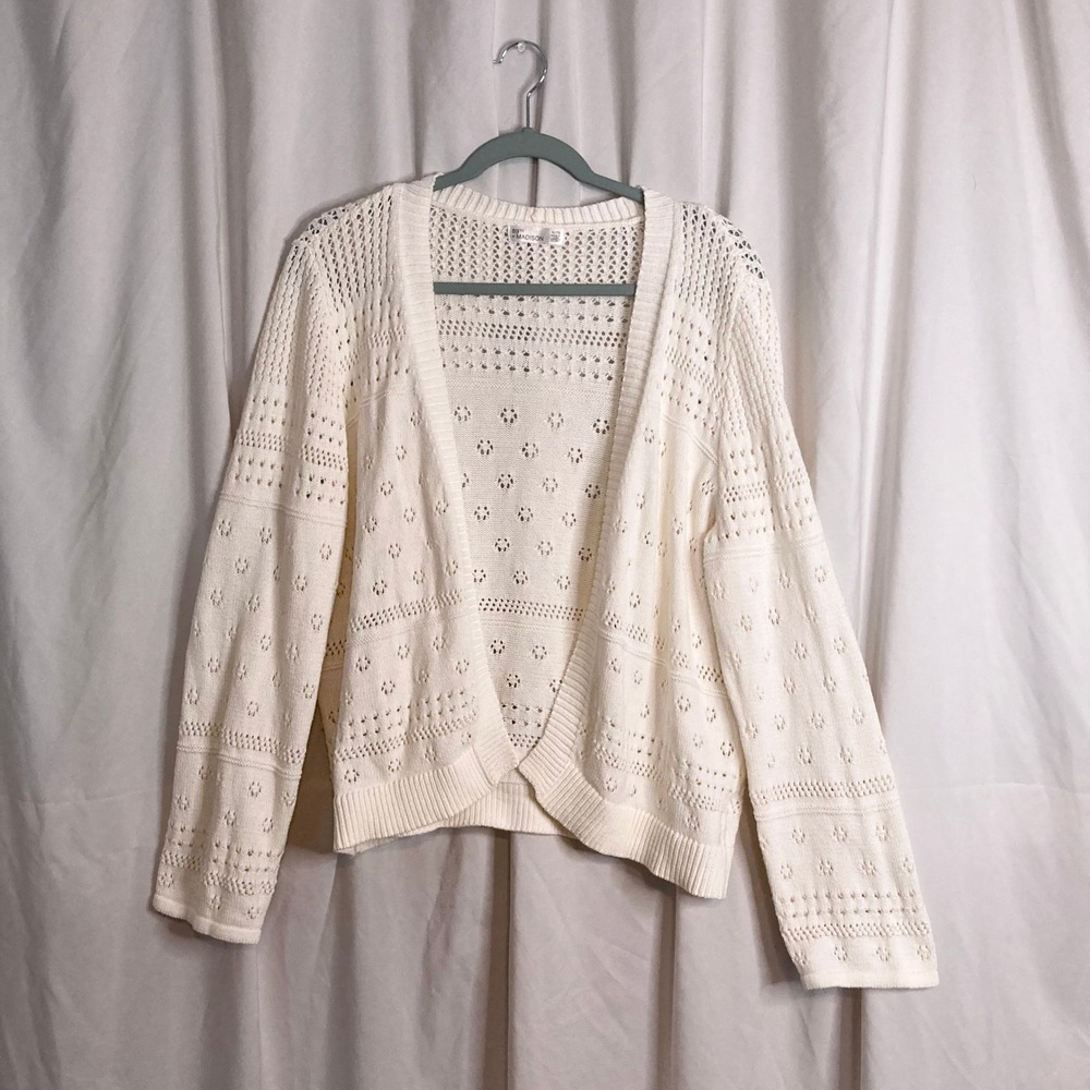 Cottagecore Coastal Cream Pointelle Open Front Knit Cardigan 89th + Madison XL